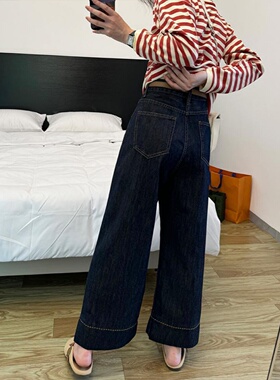 小个子阔腿裤女2025秋季大码深蓝色牛仔裤梨型身材胖mm高腰九分裤