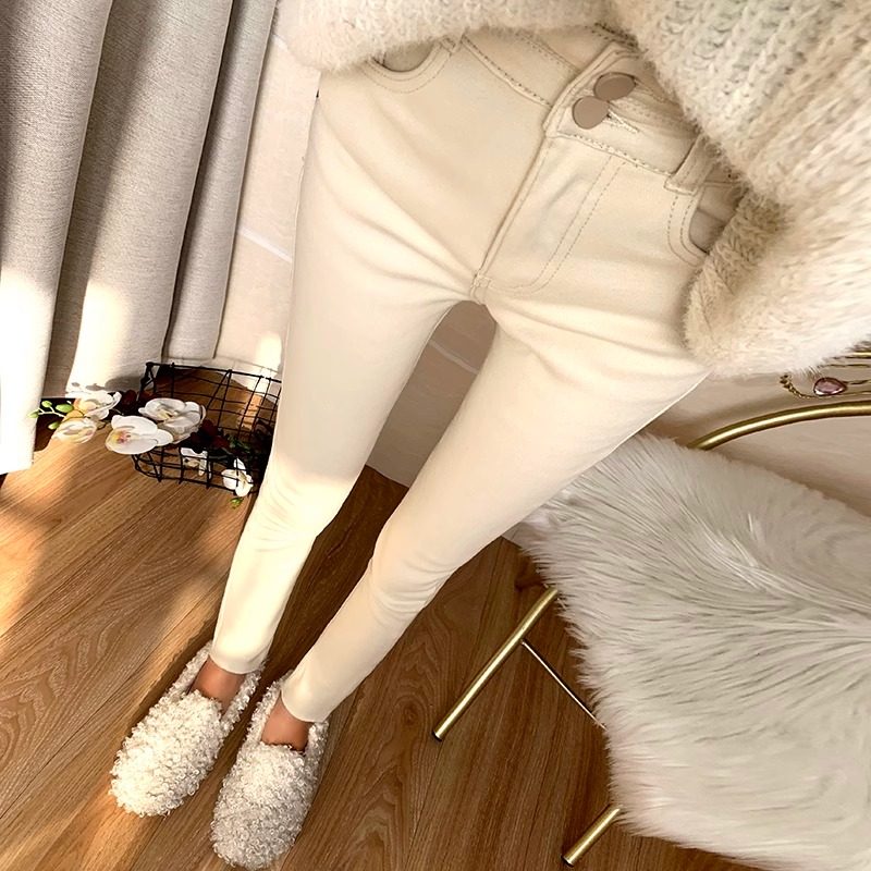 米白色加绒加厚牛仔裤女