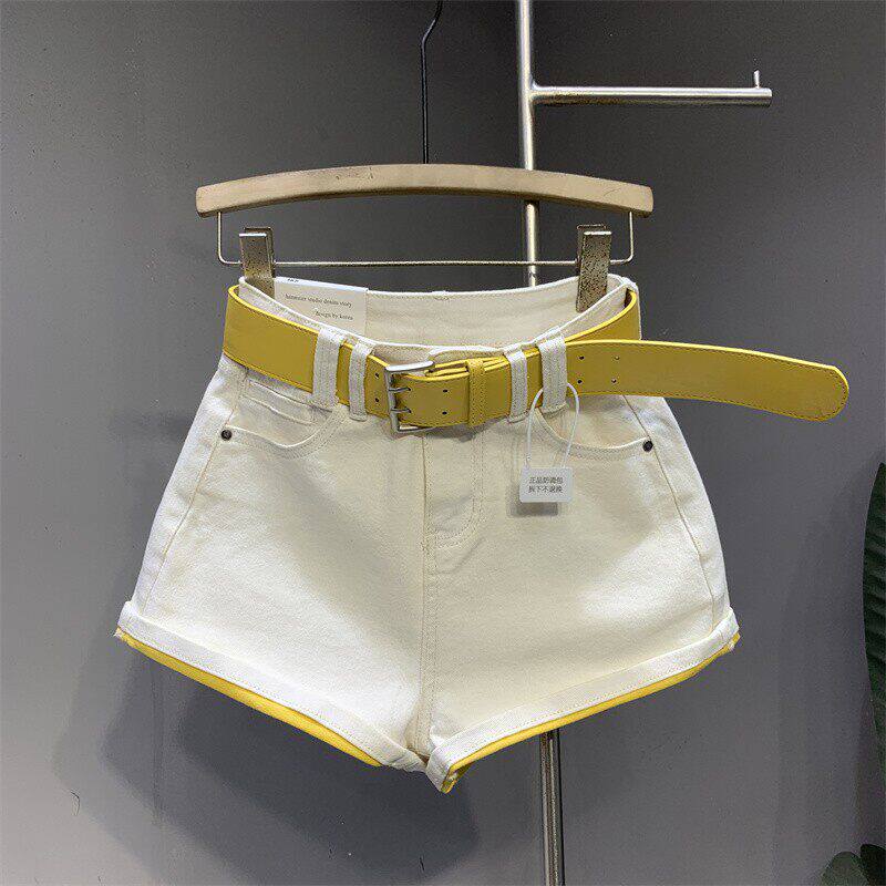 2026夏季新款白色高腰牛仔短裤女辣妹设计感撞色卷边A字阔腿热裤