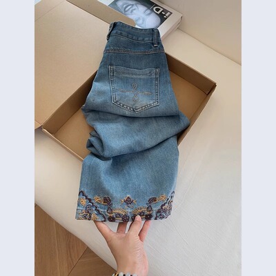新中式国风刺绣蓝色窄版直筒软牛仔裤女夏薄款宽松小个子八分裤子