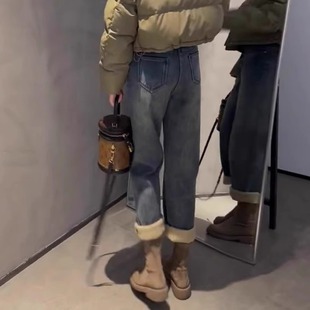 小个子显瘦保暖直筒老爹裤 加绒加厚牛仔裤 梨形身材大码 新款 女冬季