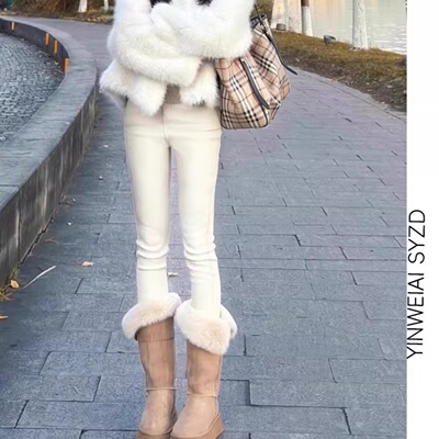 现货】美式复古高腰显腿长白色铅笔裤女冬加绒弹力小脚紧身牛仔裤