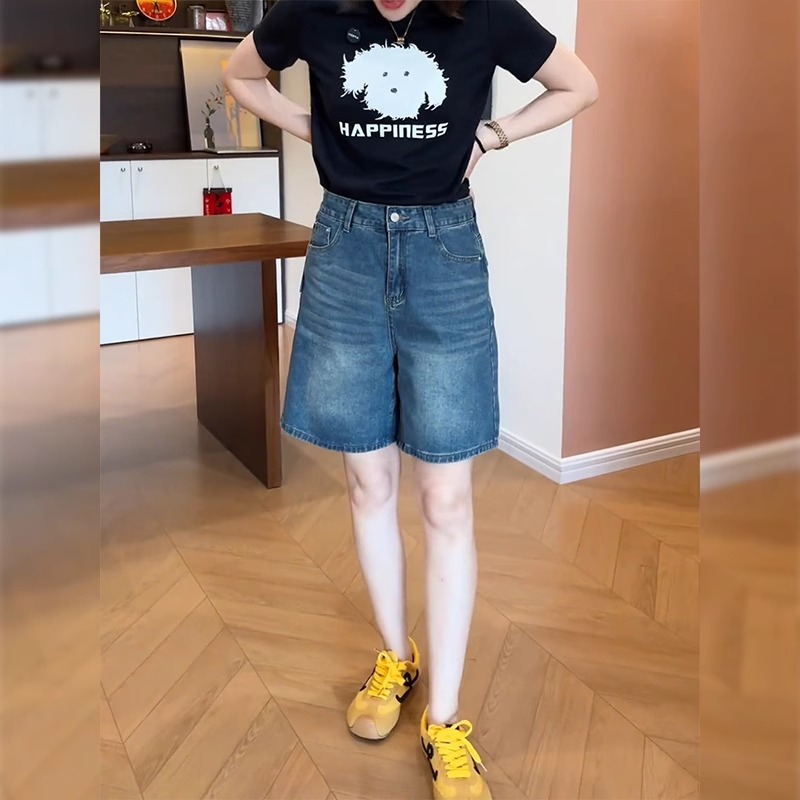 复古蓝牛仔短裤女2025夏季薄款大码梨形身材小个子a字阔腿五分裤