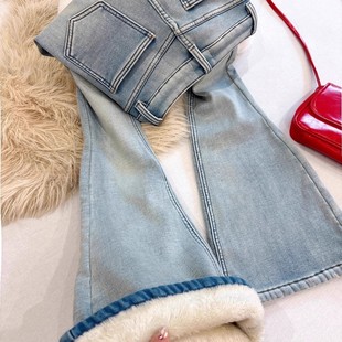 一条过冬!加绒加厚高腰修身微喇牛仔裤女秋冬显瘦牛仔喇叭裤长裤