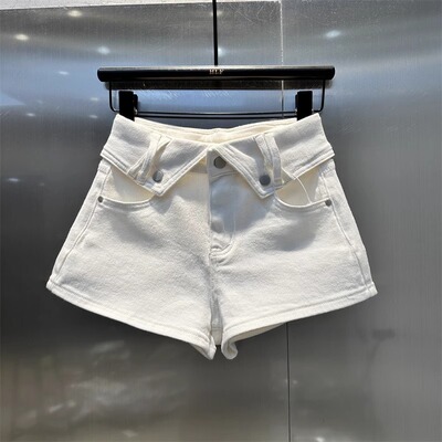 韩版2026年春夏新款白色翻领设计感高腰辣妹弹力热裤牛仔a字短裤