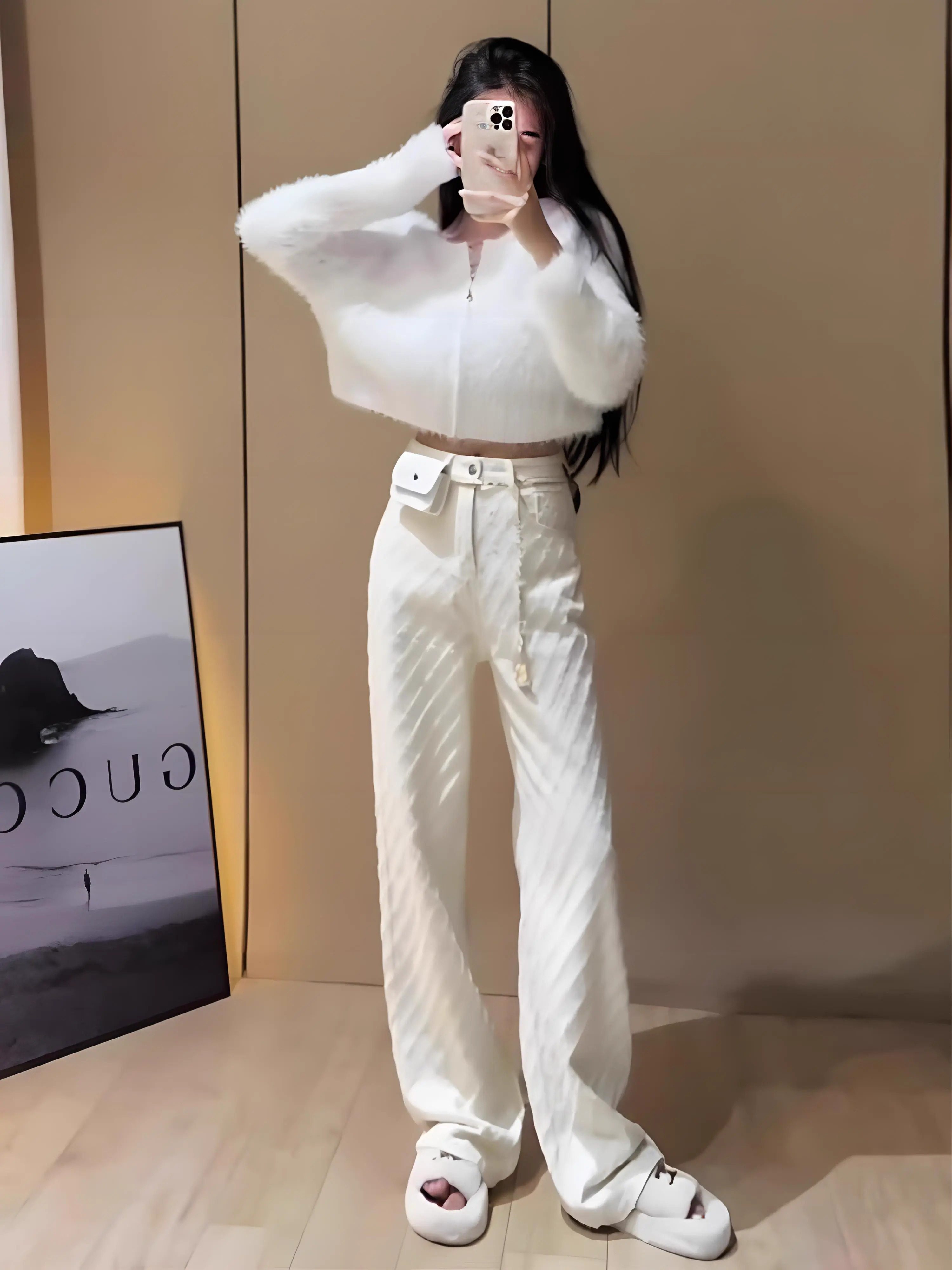 白色菱格提花牛仔裤女