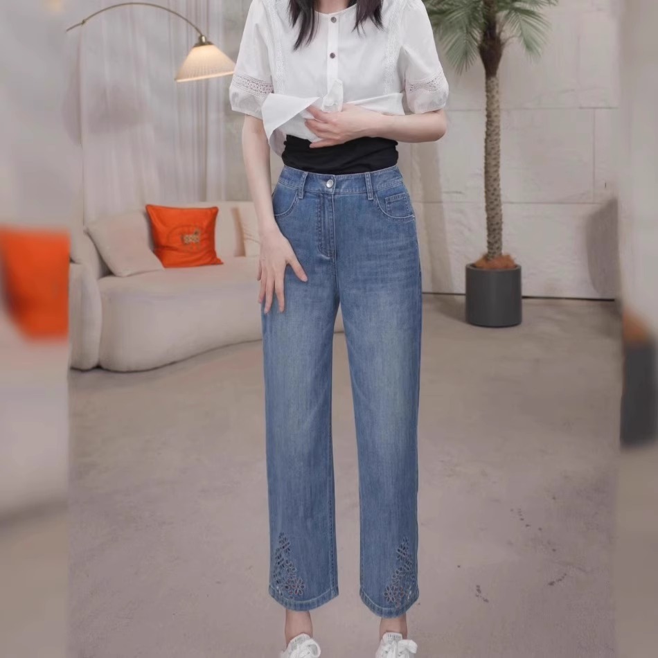 流光镂空刺绣高端窄版八分直筒牛仔裤夏季新款大码小个子老爹裤女