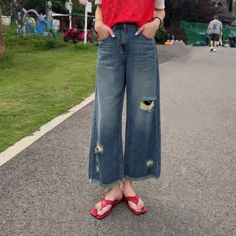 破洞牛仔裤女夏季薄款大码小个子高腰显瘦百搭毛边九分直筒阔腿裤