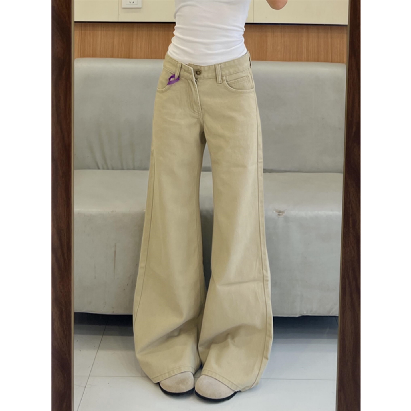 复古卡其色低腰牛仔裤女小个子宽松显瘦不贴腿拖地微喇叭阔腿长裤