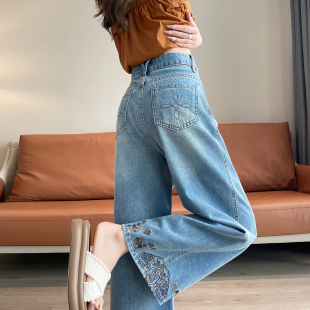 阔腿牛仔裤女夏季薄款2025新款国风刺绣高腰宽松九分小个子直筒裤