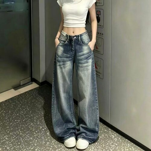 2026新款美式高街水洗直筒微弯刀牛仔裤女宽松显瘦高腰阔腿拖地裤