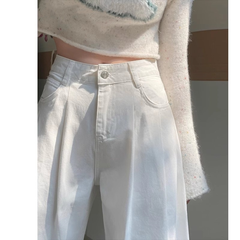 白色高腰垂感直筒牛仔裤女2025年夏季薄款褶皱设计宽松阔腿拖地裤
