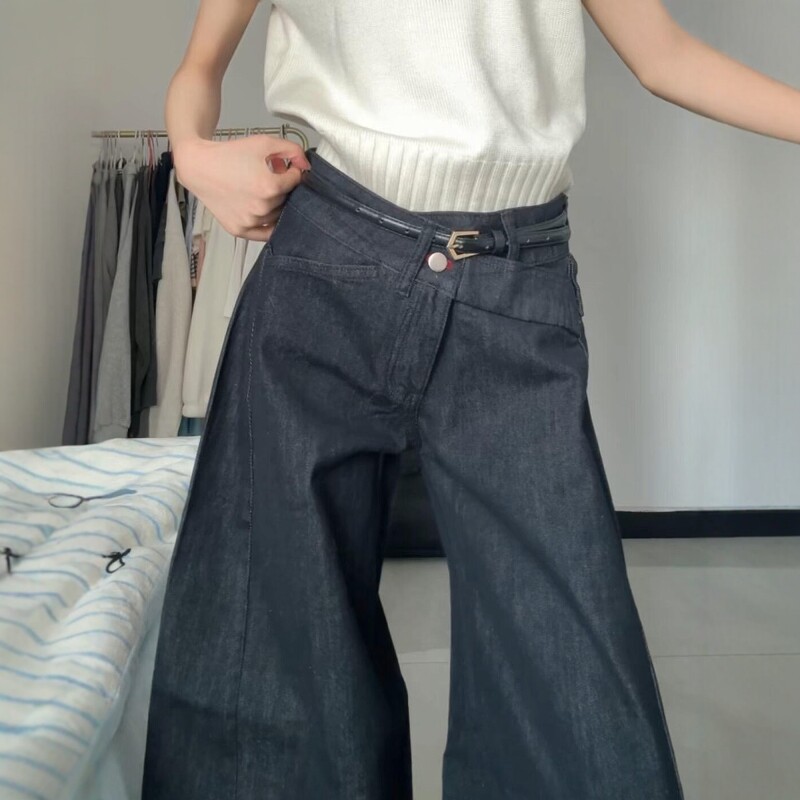 美式复古原色赤色扣眼直筒牛仔裤女秋季新款低腰显瘦拖地阔腿裤