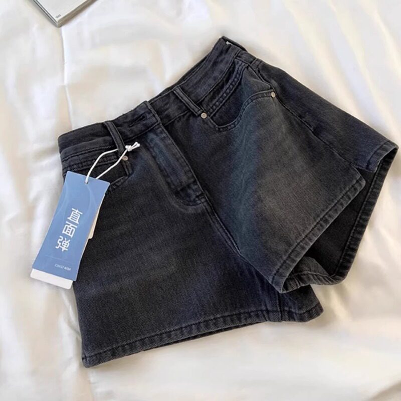镇店之宝！！洋气黑灰色开叉高腰A字牛仔短裤女宽松显瘦休闲热裤