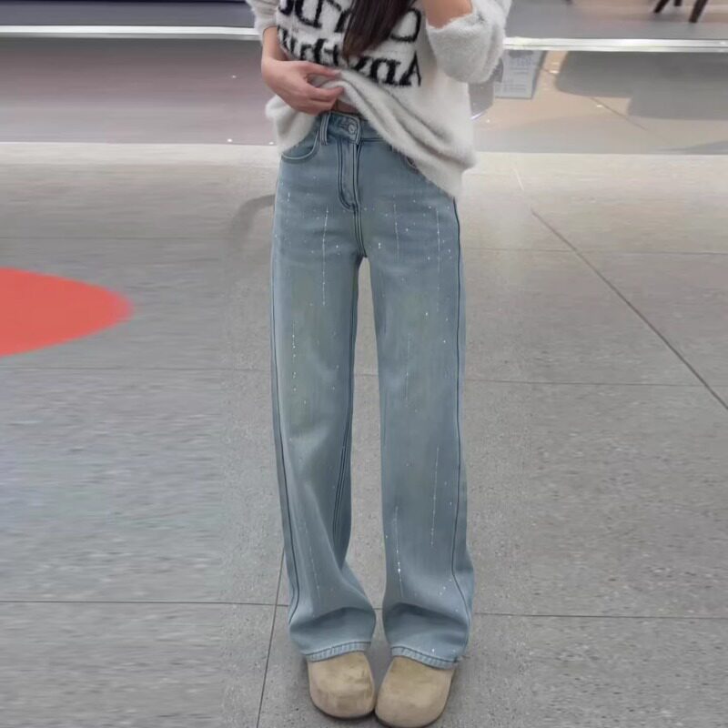 复古烫钻直筒牛仔裤女春季2026新款高腰宽松显瘦小个子窄版阔腿裤