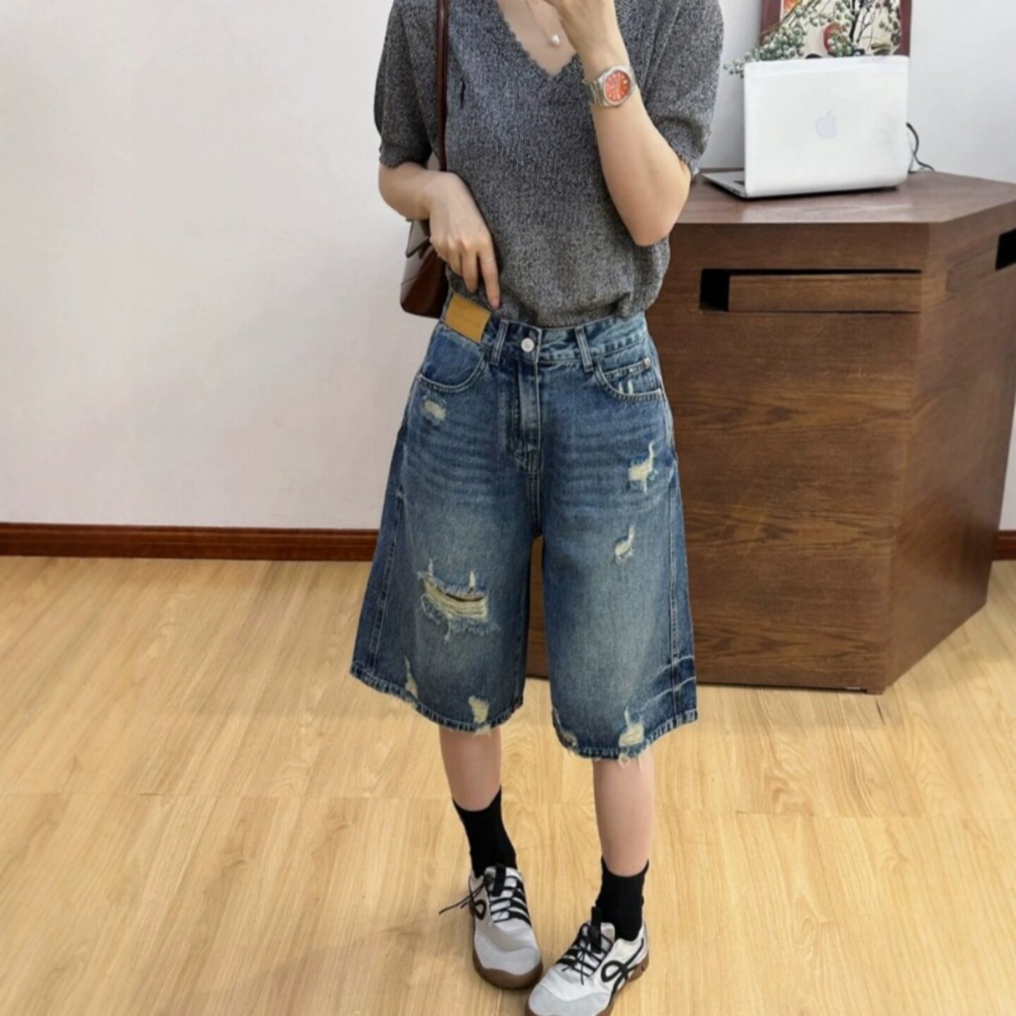 贴标破洞阔腿牛仔中裤女夏装新款短裤欧货女装小个子直筒五分裤潮