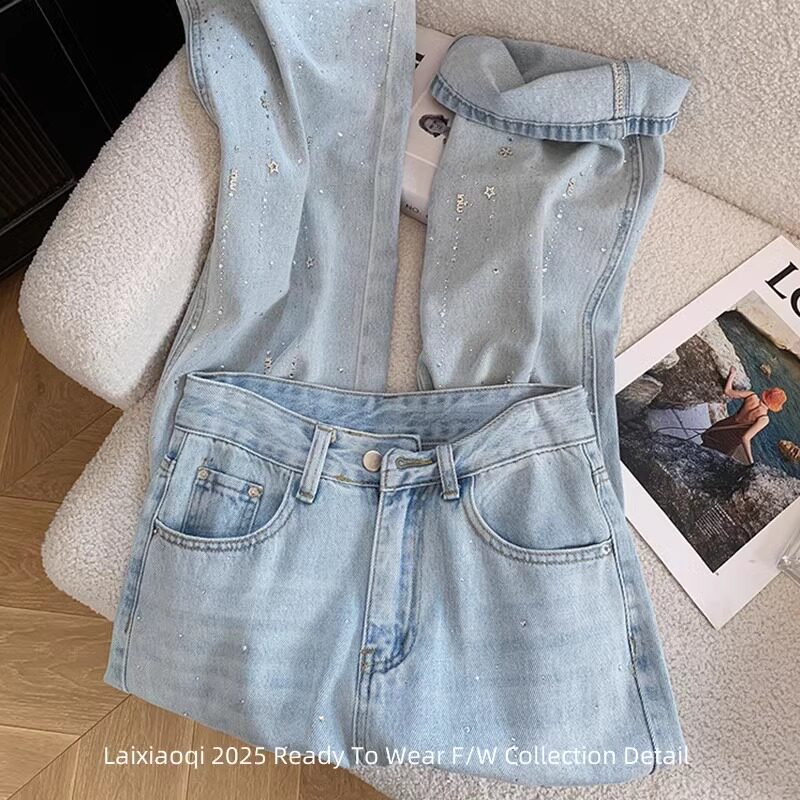 @杭州四季青高货清仓！浅蓝色重工烫钻直筒牛仔裤女春休闲阔腿裤