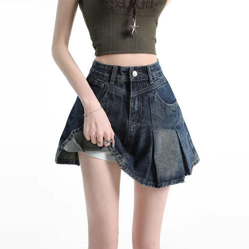 复古蓝水洗百褶半身裙女2026新款辣妹防走光a字高腰显瘦牛仔短裙