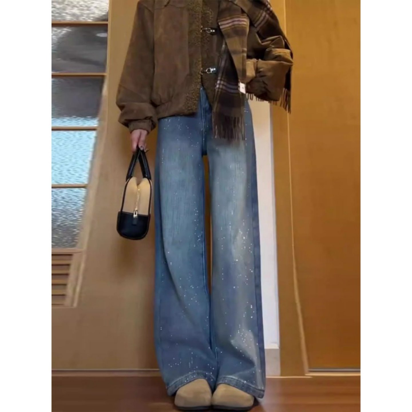烫钻设计加绒牛仔裤女2026新款冬季美式复古高腰小个子洋气阔腿裤