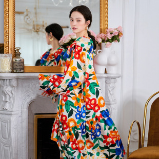 冰丝长款 高级感印花宽松长袖 睡裙睡衣家居服 感春秋新款 2025时尚