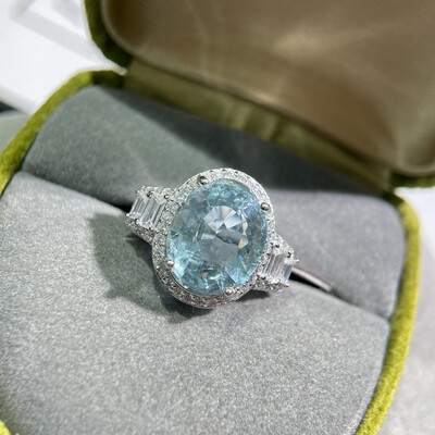 天然海蓝宝戒指晶体干净 主石10.5*12mm，主石6.33ct s925银镶嵌