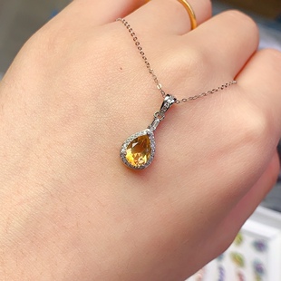 巴西黄水晶吊坠,主石尺寸:6x8mm。925银镶嵌土属性