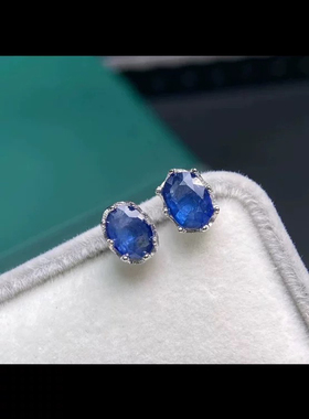 天然蓝宝石耳钉，主石5*7mm，s925银