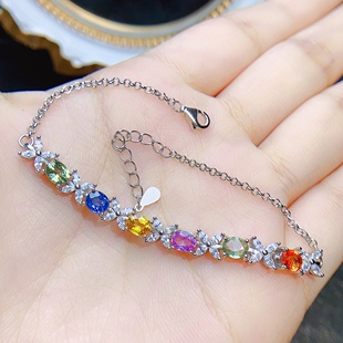 彩蓝宝手链，925银镀K白金玫瑰金镶嵌4*5mm