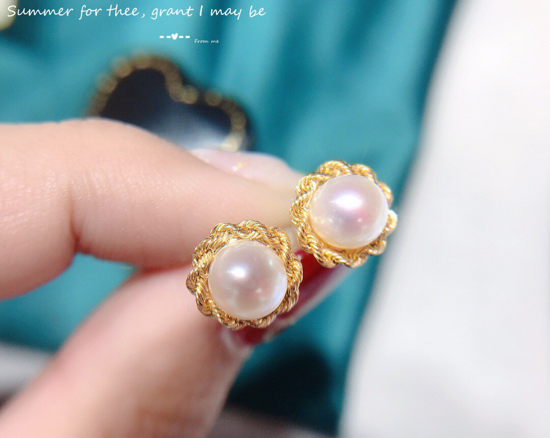 【18k金】宫廷风麻花淡水珍珠耳钉 天然强光正圆无暇 气质百搭