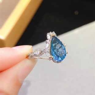 【地质大学】伦敦蓝托帕石戒指，全净体火彩赞，主石8*12m补水水