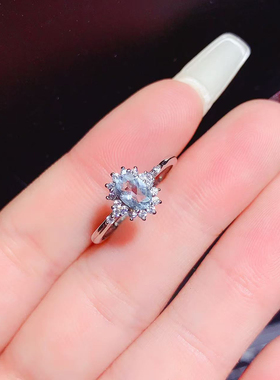 【中国地质大学】海蓝宝戒指晶体干净，淡淡的蓝色4x6mm925银精工