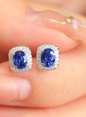 18k金一克拉皇家蓝蓝宝石耳钉Vivid Blue 16分天然钻石