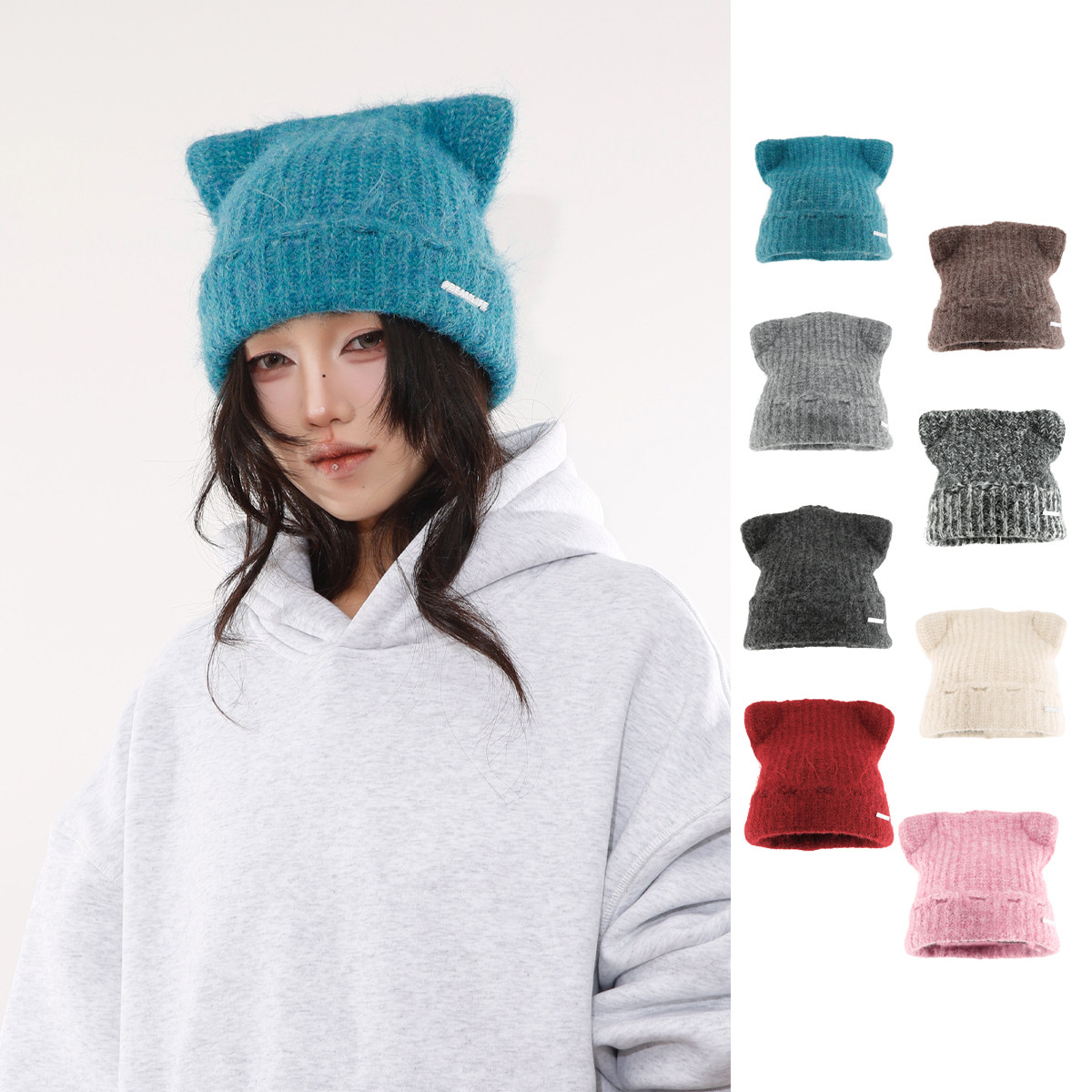 兔毛猫耳朵针织帽日韩保暖毛线帽