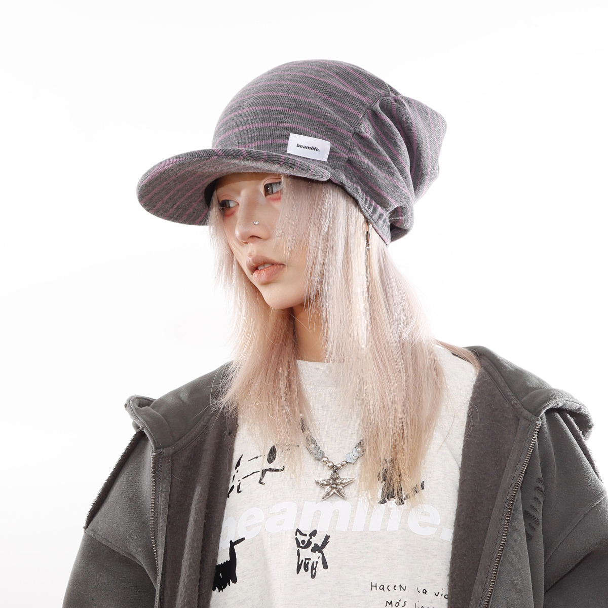 原创韩版条纹平檐高顶堆堆帽男女