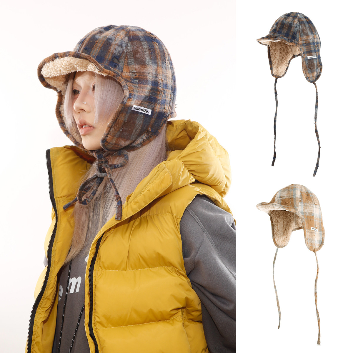 秋冬格子毛绒护耳保暖飞行帽