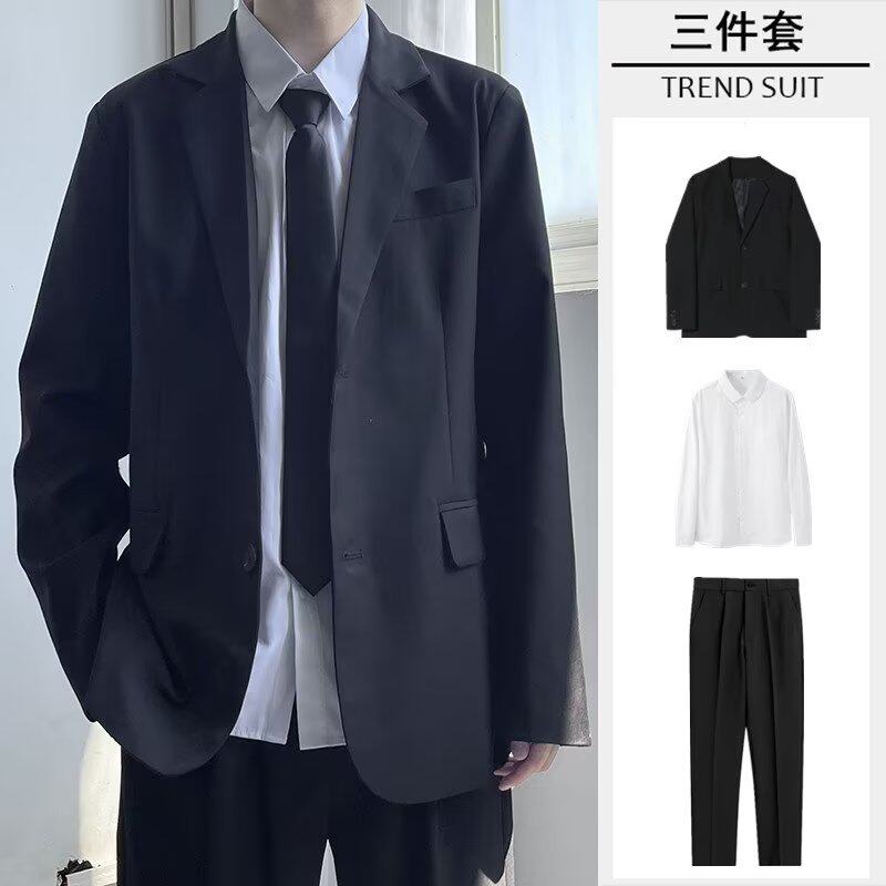 正装一套装休闲西装外套男春秋高级感商务百搭黑色西服上衣有垫肩