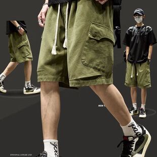 美式工装裤男款夏季胖子高街多口袋短裤宽松直筒运动休闲五分裤子