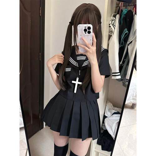 校供感黑色三本水手领显瘦青春jk时尚套装小众黑色百褶裙两件套