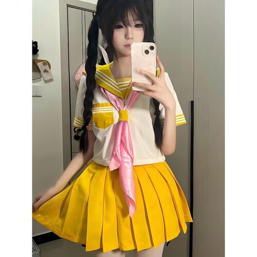 三件套新款黄色三本中间服水手服短袖衬衫百搭JK裙学院风一整套