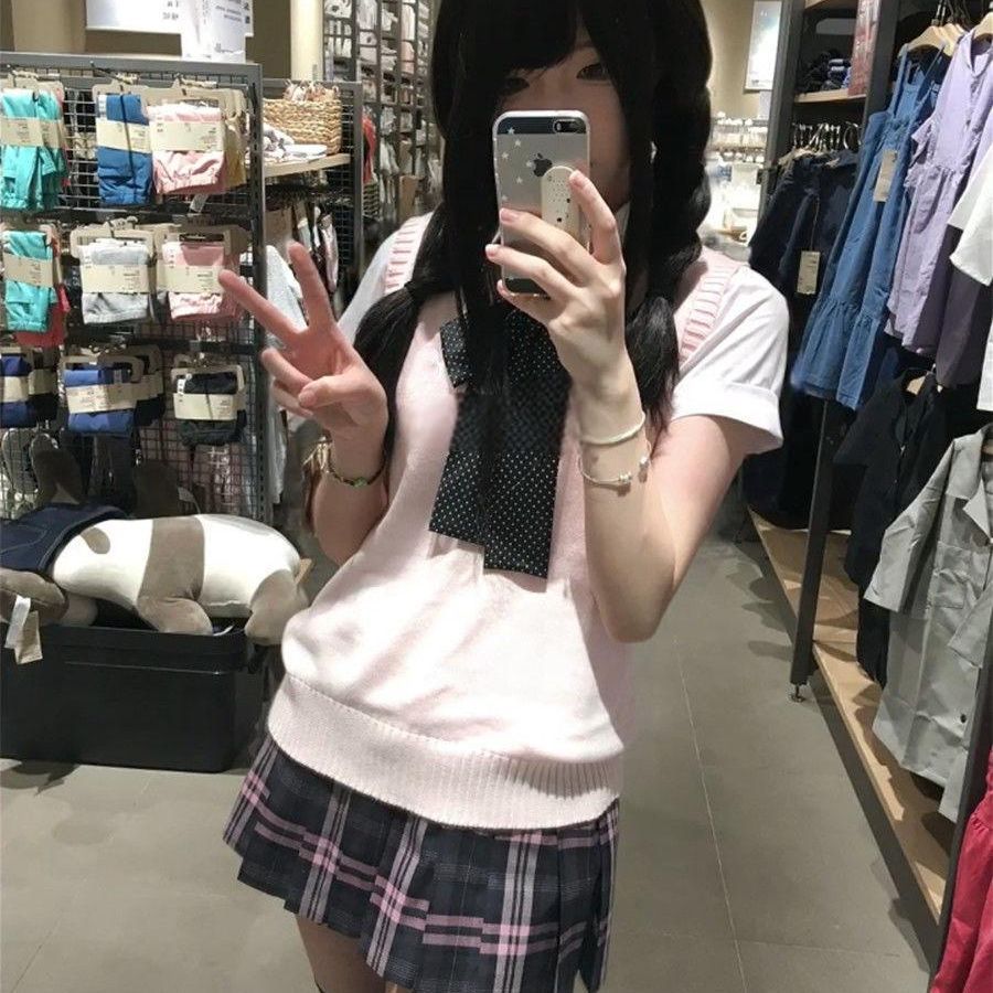 校供感jk制服背心毛衣衬衫马甲学院针织无袖叠穿JK格裙短裙套装