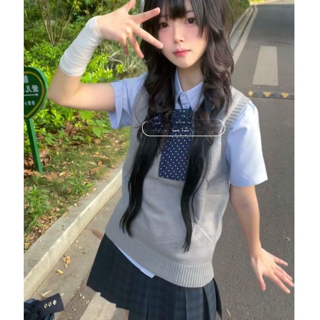 日系Jk制服学生无袖马甲背心四件套校供感毛衣叠穿上衣短裙套装