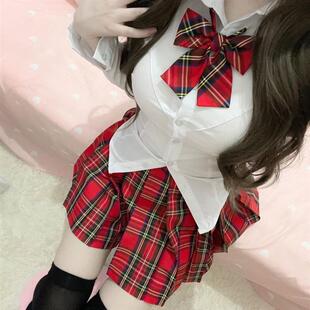 海岸线【小小辣椒】正品JK制服红色国风款格子百褶裙可爱学生半身