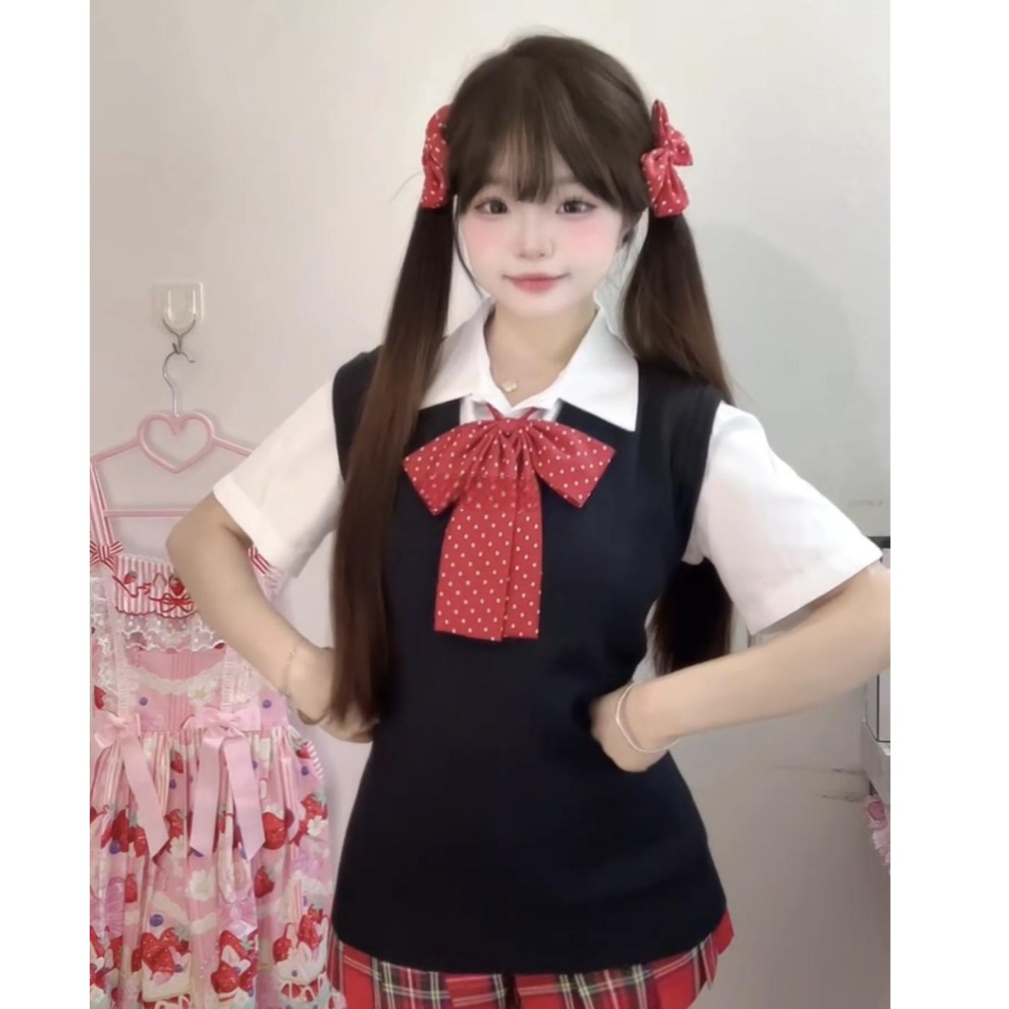 JK制服秋冬纯色马甲背心叠穿套装小辣椒格裙短裙女学院风四件套