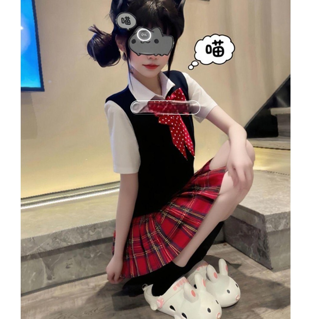 小辣椒/日系JK制服针织衫甜美马甲背心套头毛衣jk格裙女四件套