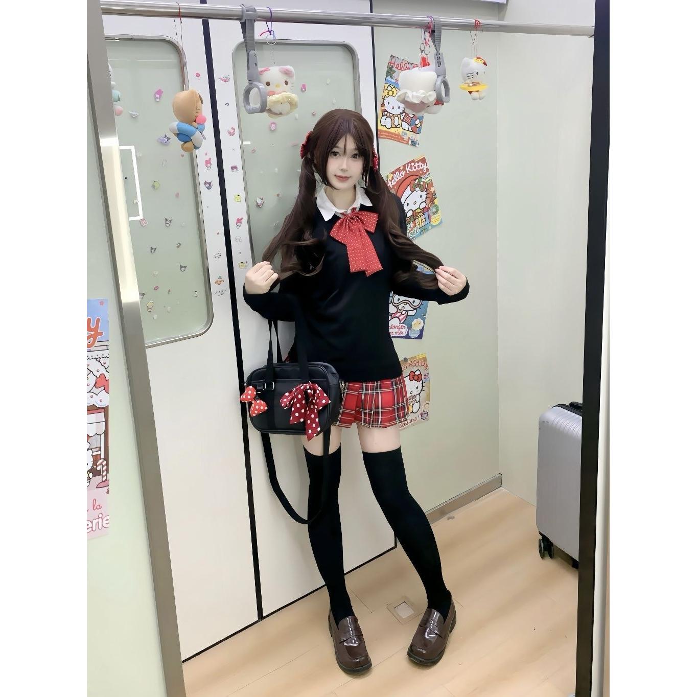 校供感日系学院风V领针织衫毛衣百搭短裙小辣椒裙JK制服套装