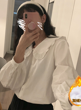 加绒加厚秋冬大码法式复古娃娃领白色衬衫女设计感衬衣上衣保暖衫