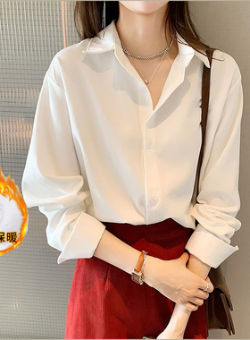 白色加绒衬衫女秋冬设计感小众长袖职业衬衣法式打底加厚叠穿上衣