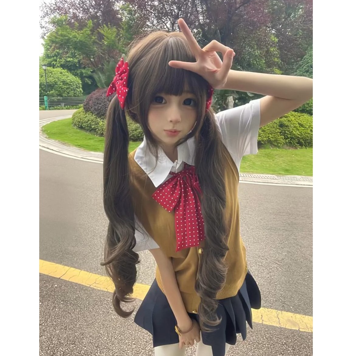JK制服夏季套装茶色开衫毛衣背心校供百褶裙短裙日系衬衫四件套