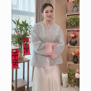 上衣宽松国风提花圆领女装 新中式 气质外套 新款 双面双穿2025春季