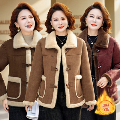 妈妈秋冬装毛呢外套中老年女加绒加厚短款羊羔绒呢子大衣保暖棉服